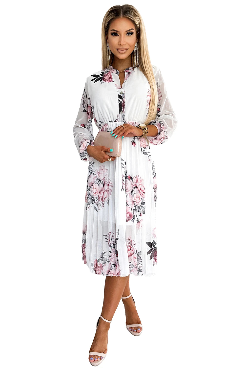 CARLA Pleated midi dress with buttons and long sleeves – Roses On A White Background