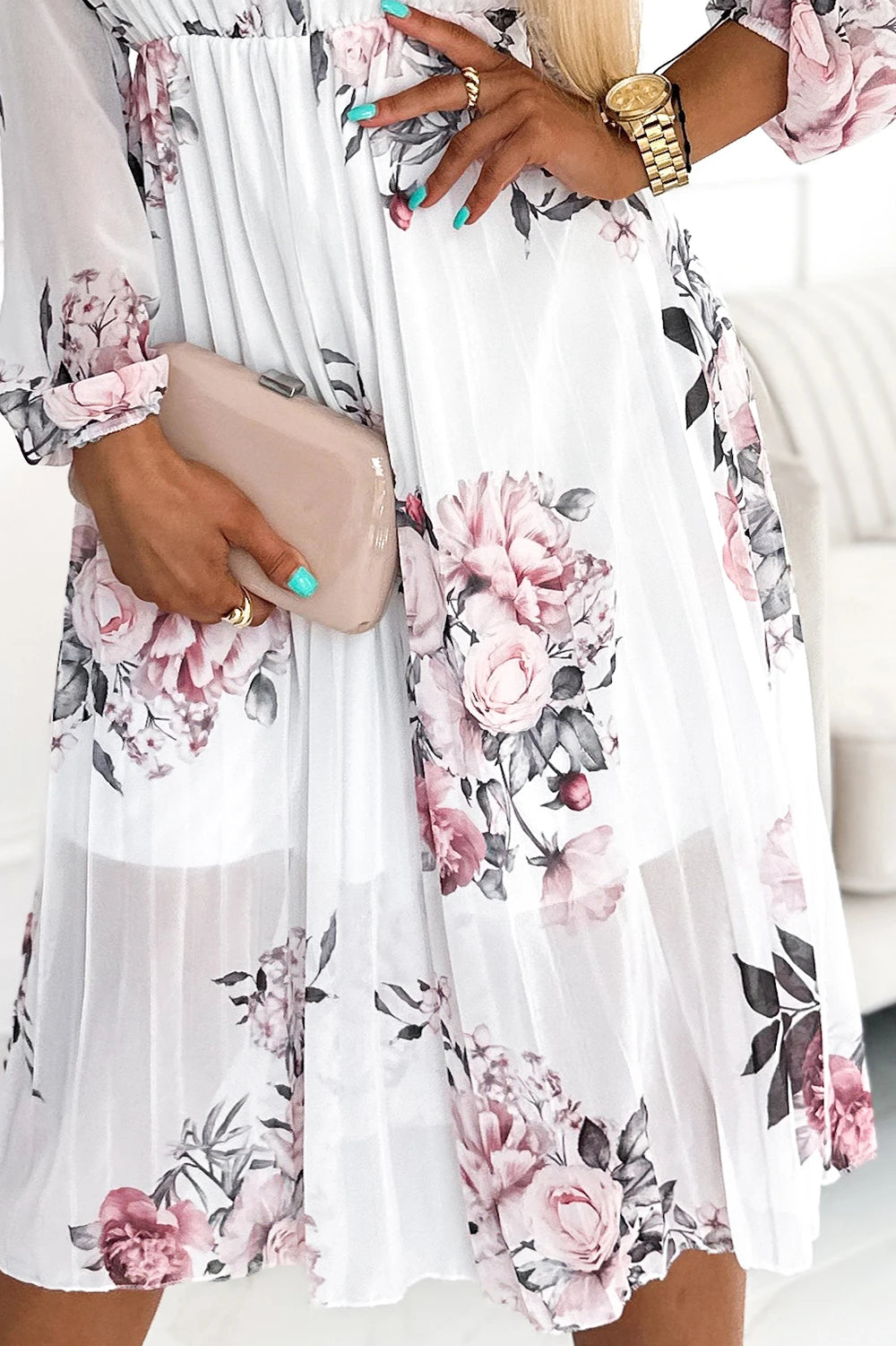 CARLA Pleated midi dress with buttons and long sleeves – Roses On A White Background