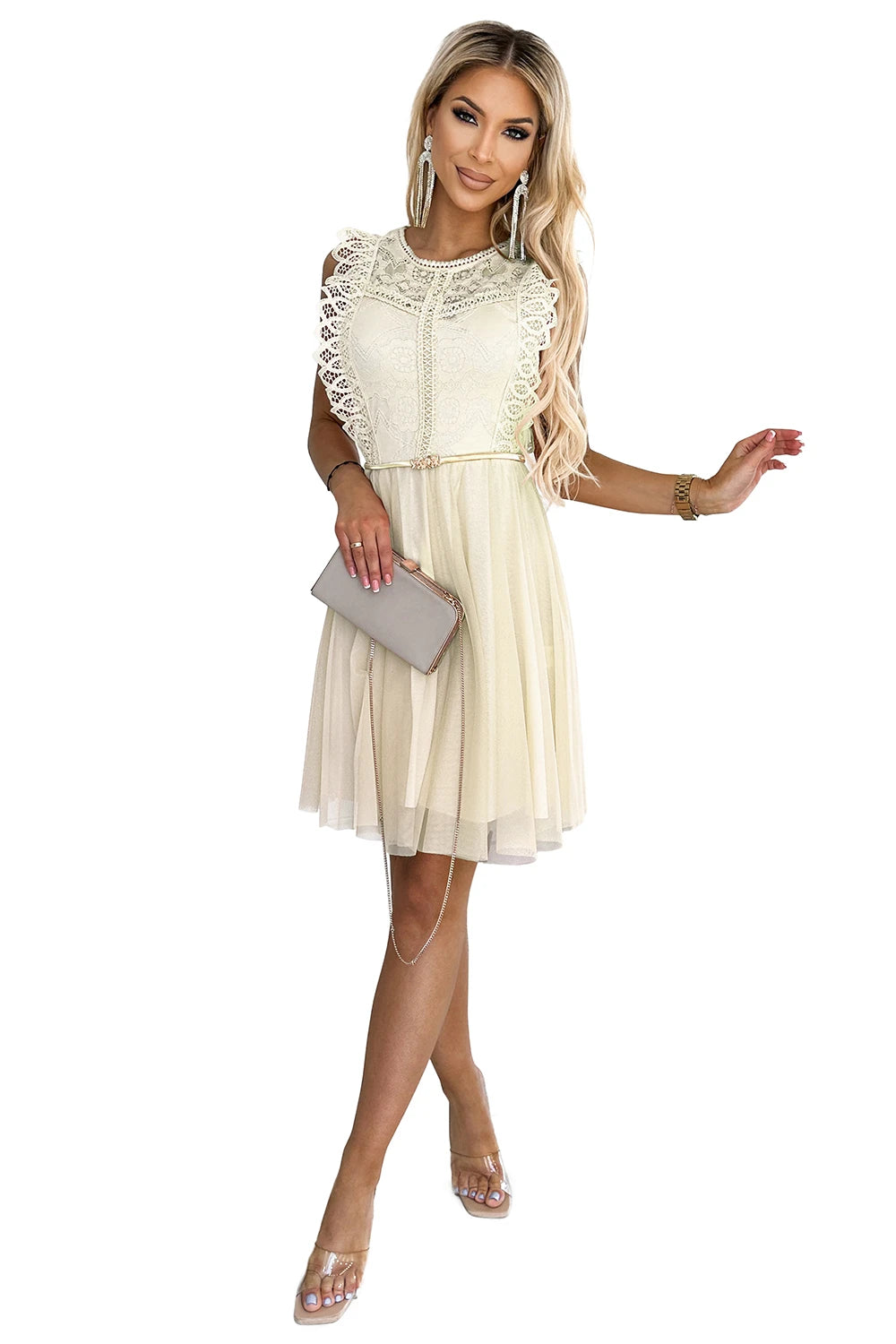 GRETA dress with lace and gold belt – Beige