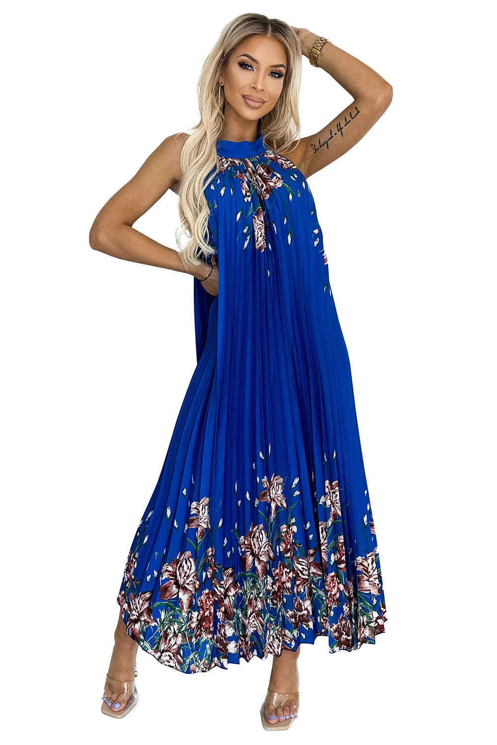 ESTER Pleated satin maxi dress – Blue With Flowers