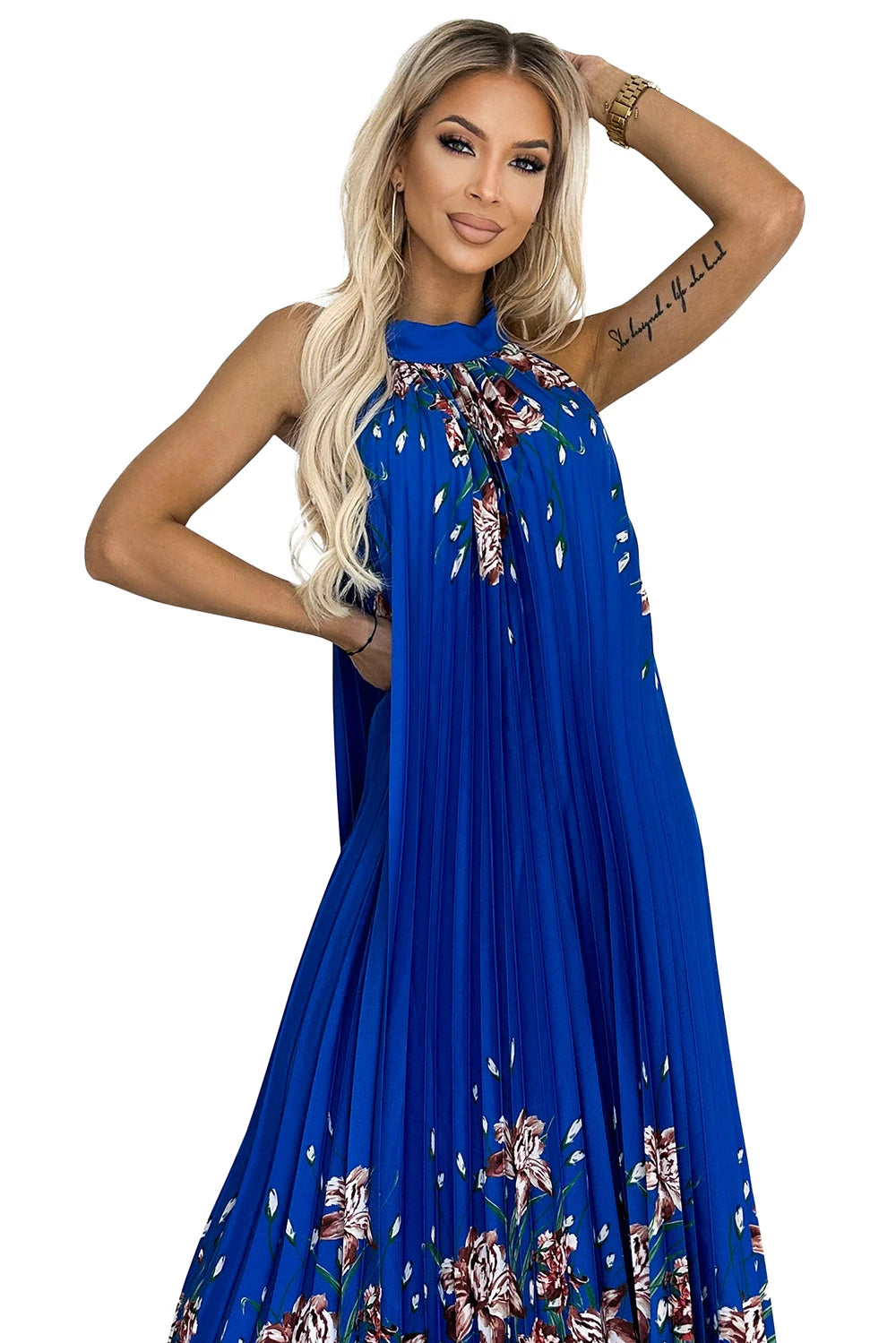 ESTER Pleated satin maxi dress – Blue With Flowers