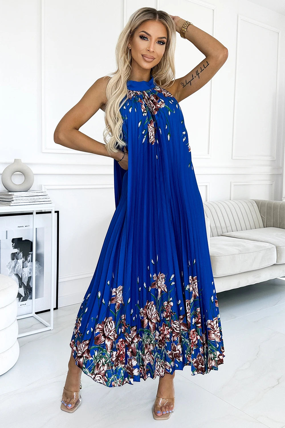 ESTER Pleated satin maxi dress – Blue With Flowers