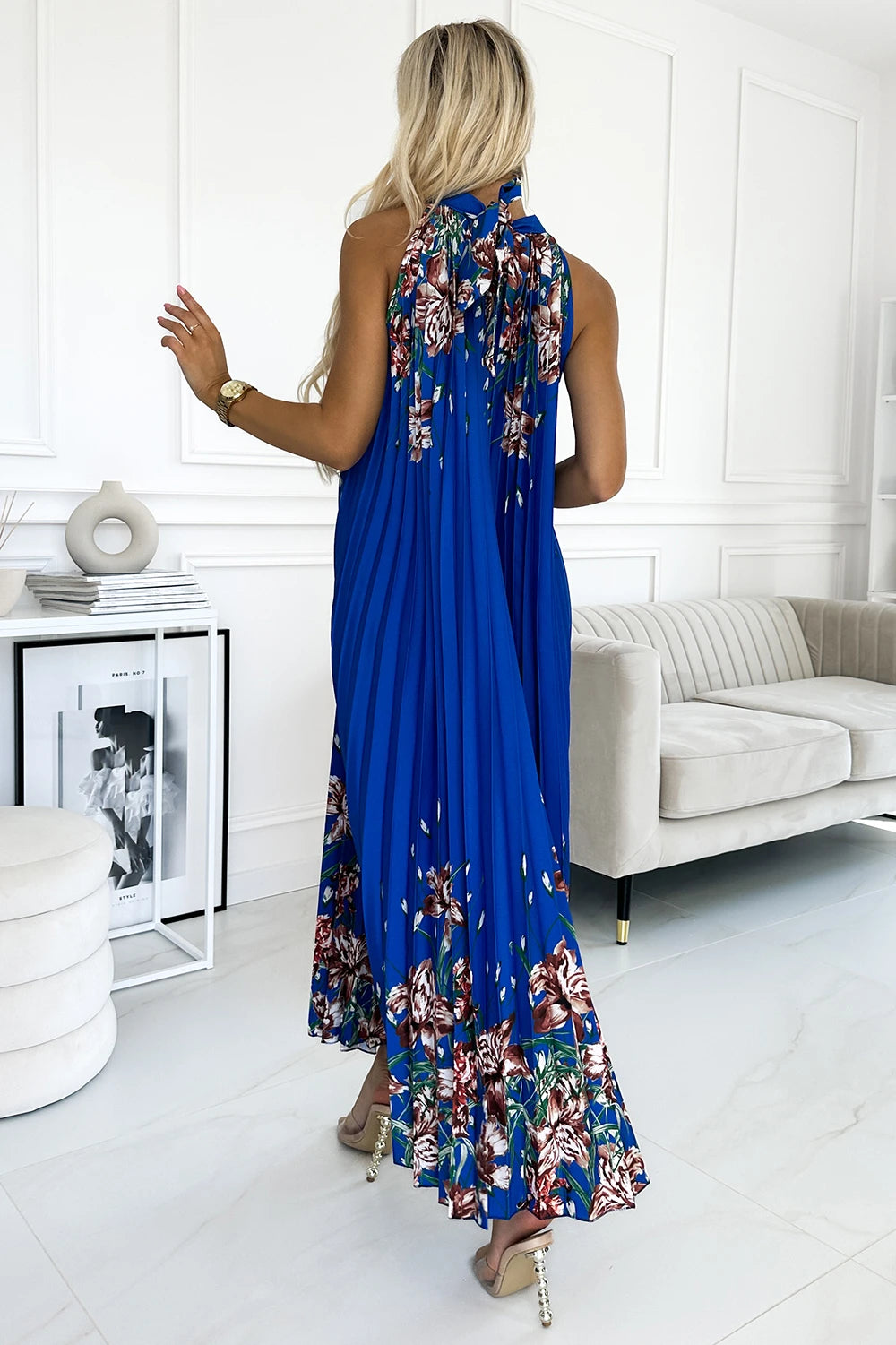 ESTER Pleated satin maxi dress – Blue With Flowers