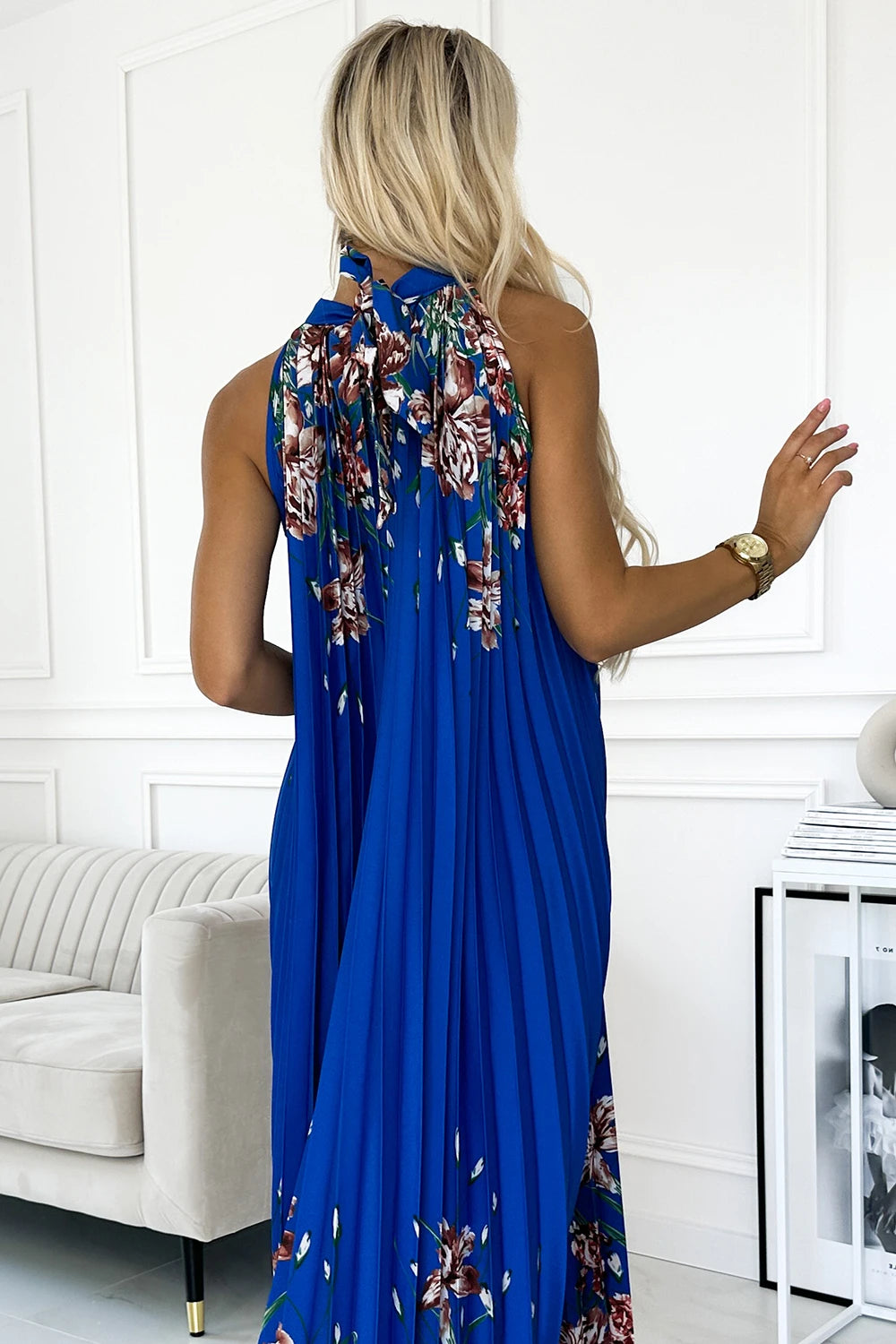 ESTER Pleated satin maxi dress – Blue With Flowers