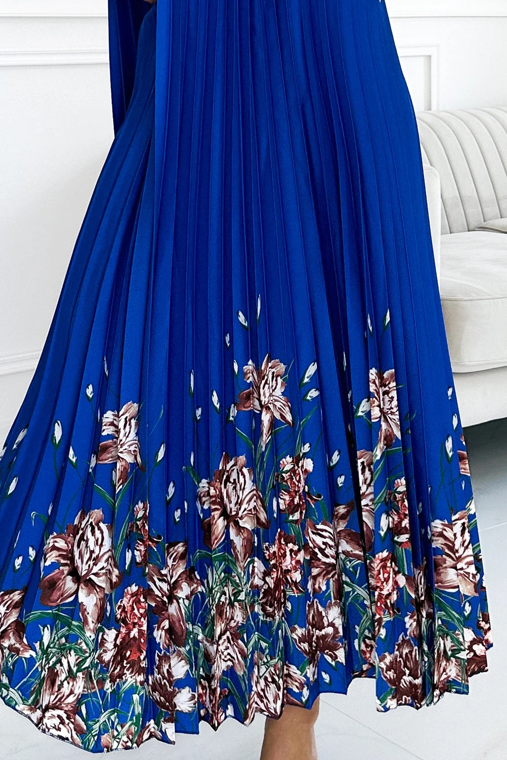 ESTER Pleated satin maxi dress – Blue With Flowers