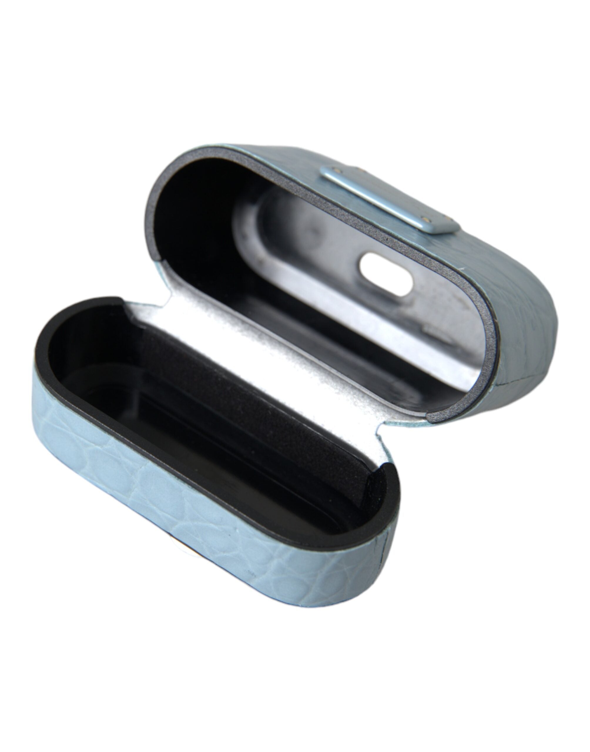 Světle modrý kožený kovový kryt s logem na Airpods