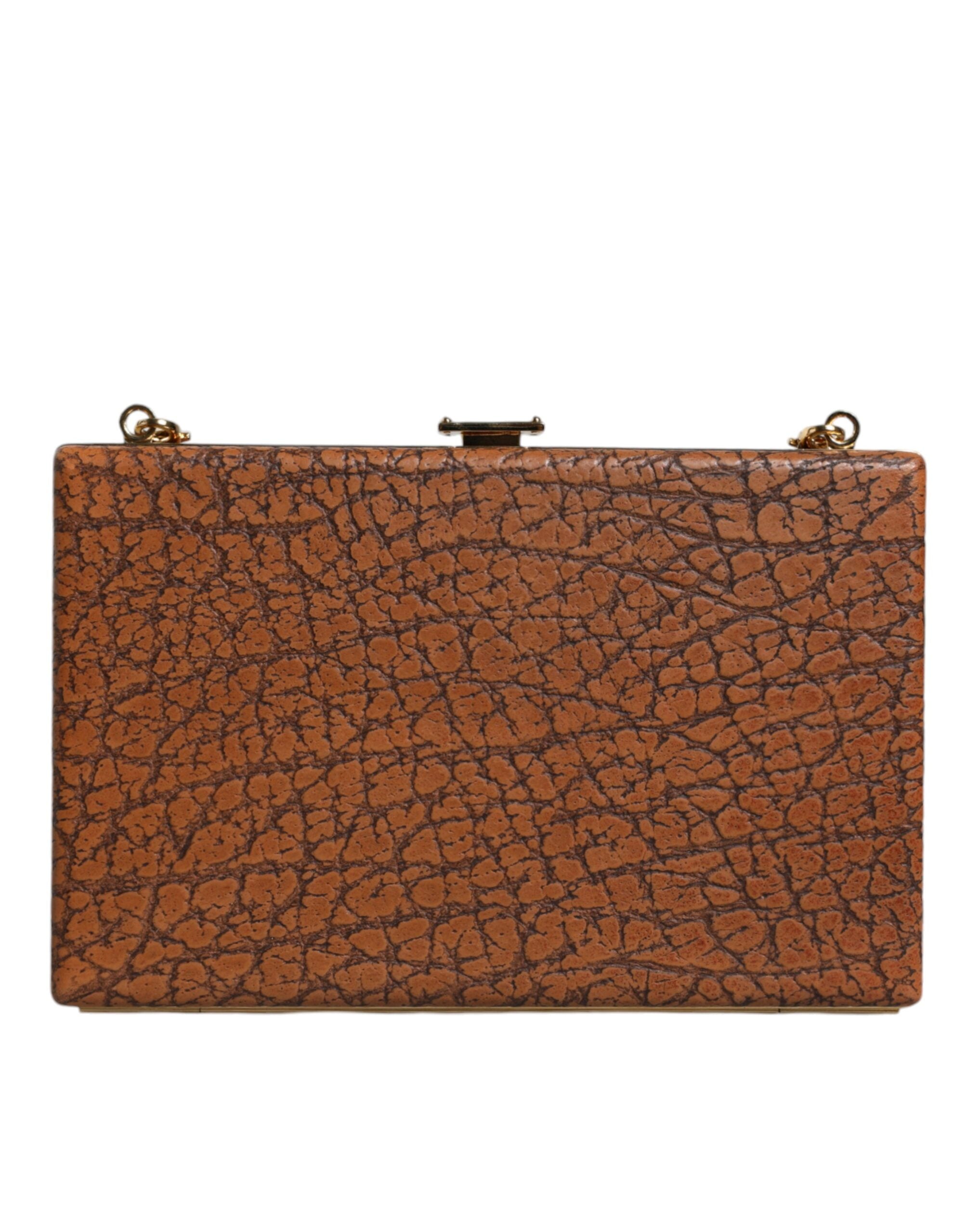 Hnědá kožená mini crossbody kabelka se zlatým rámem