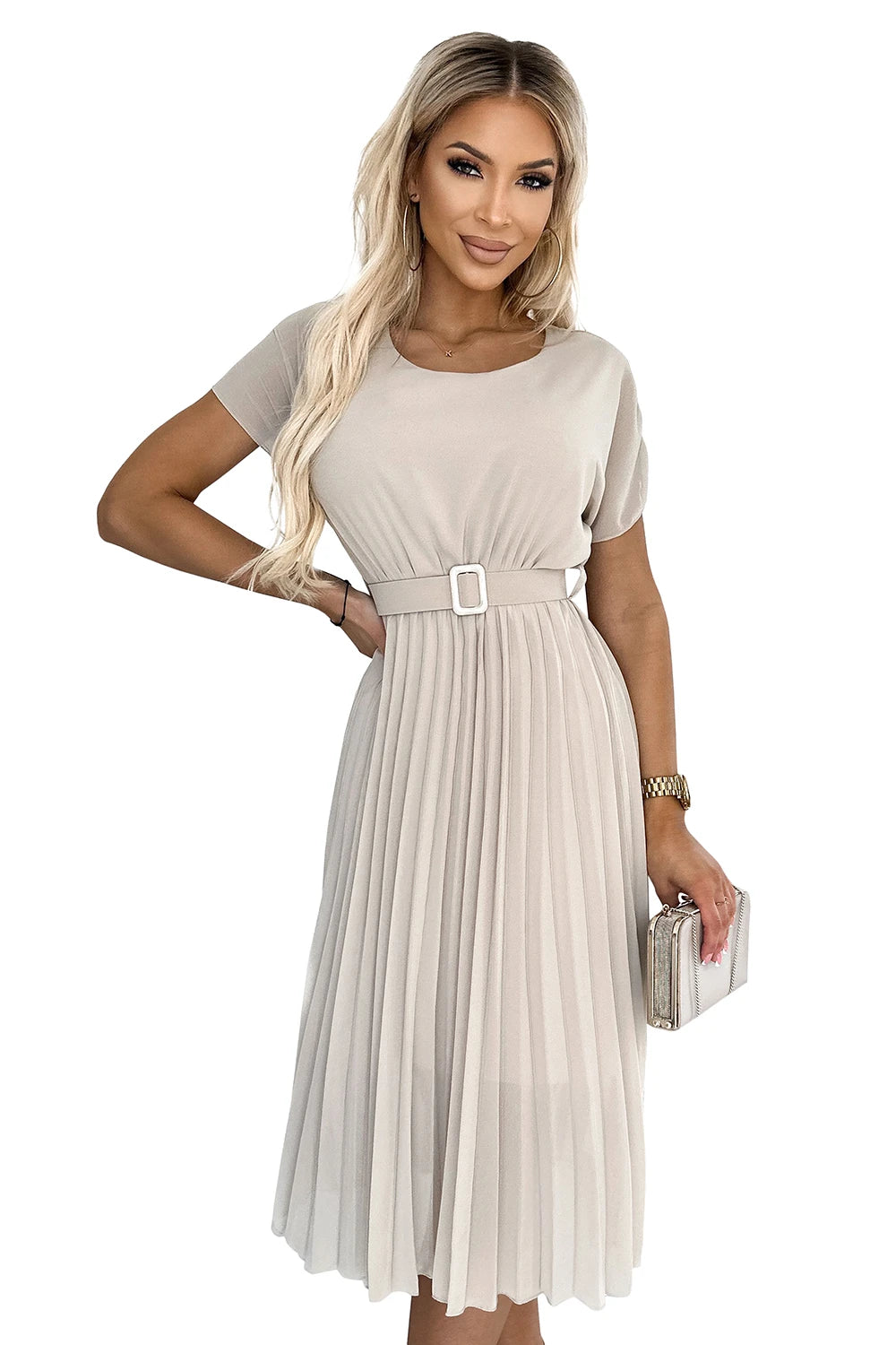 MIA Pleated midi dress with a wide belt – Beige