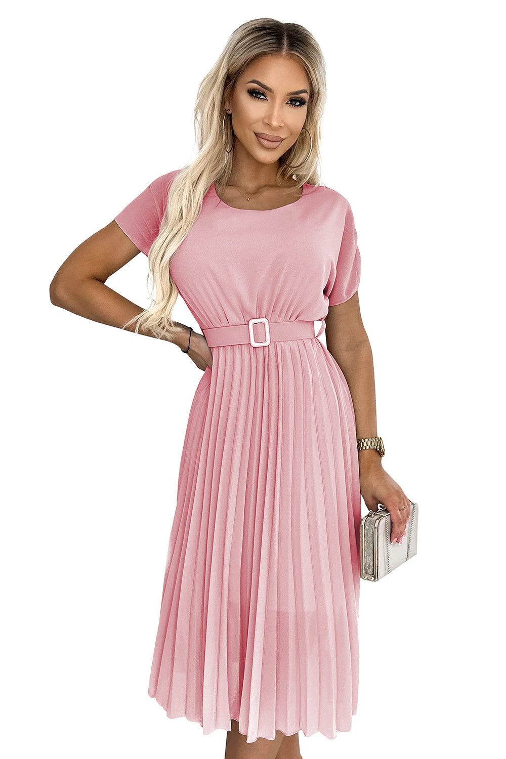 MIA Pleated midi dress with a wide belt – Dirty Pink