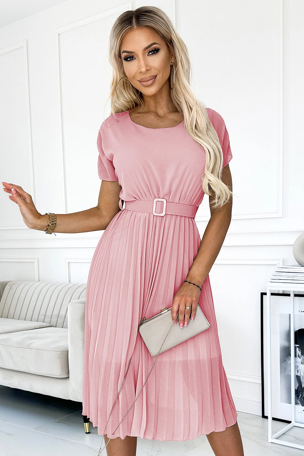 MIA Pleated midi dress with a wide belt – Dirty Pink