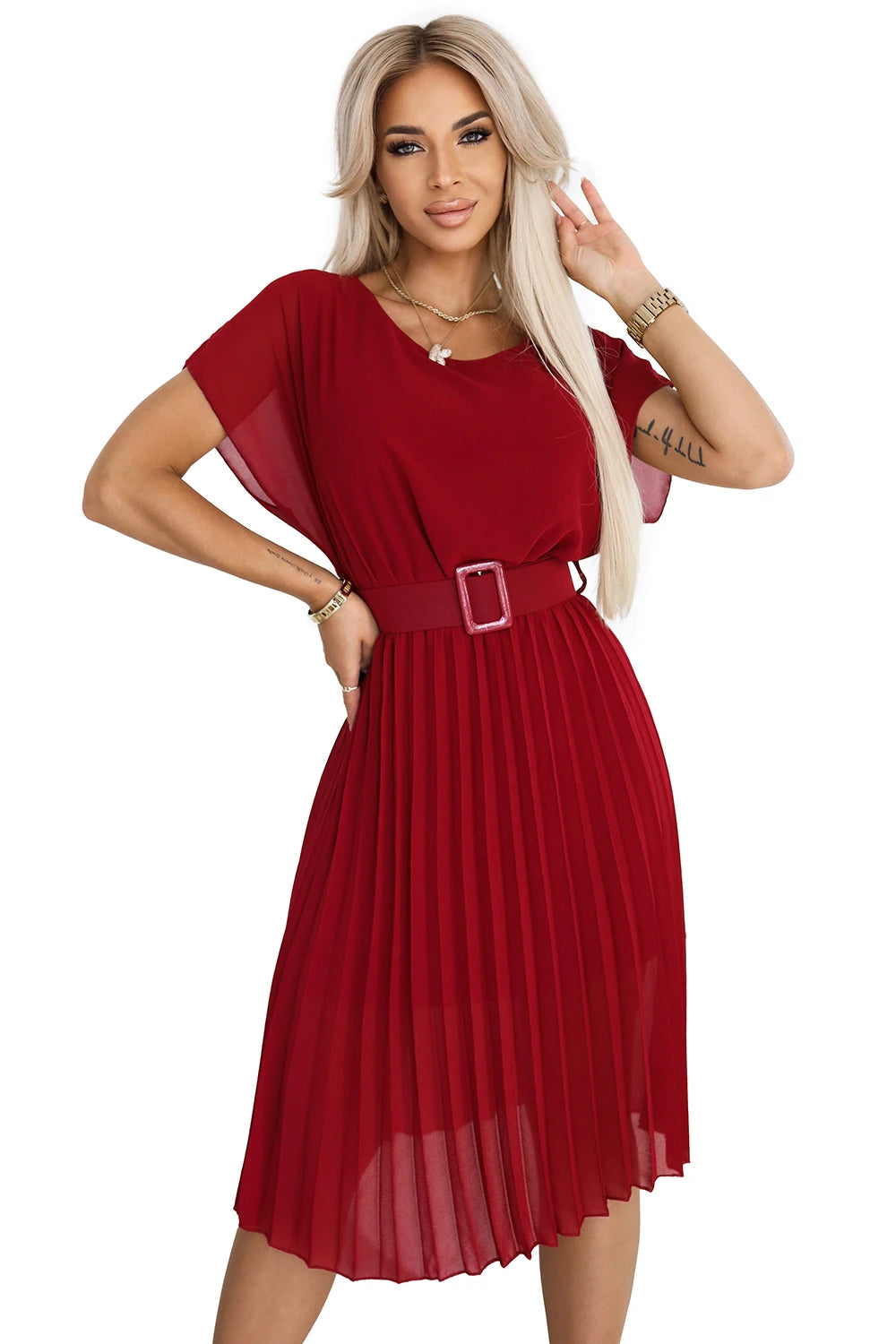 MIA Pleated Chiffon Midi Dress with Wide Belt – Burgundy