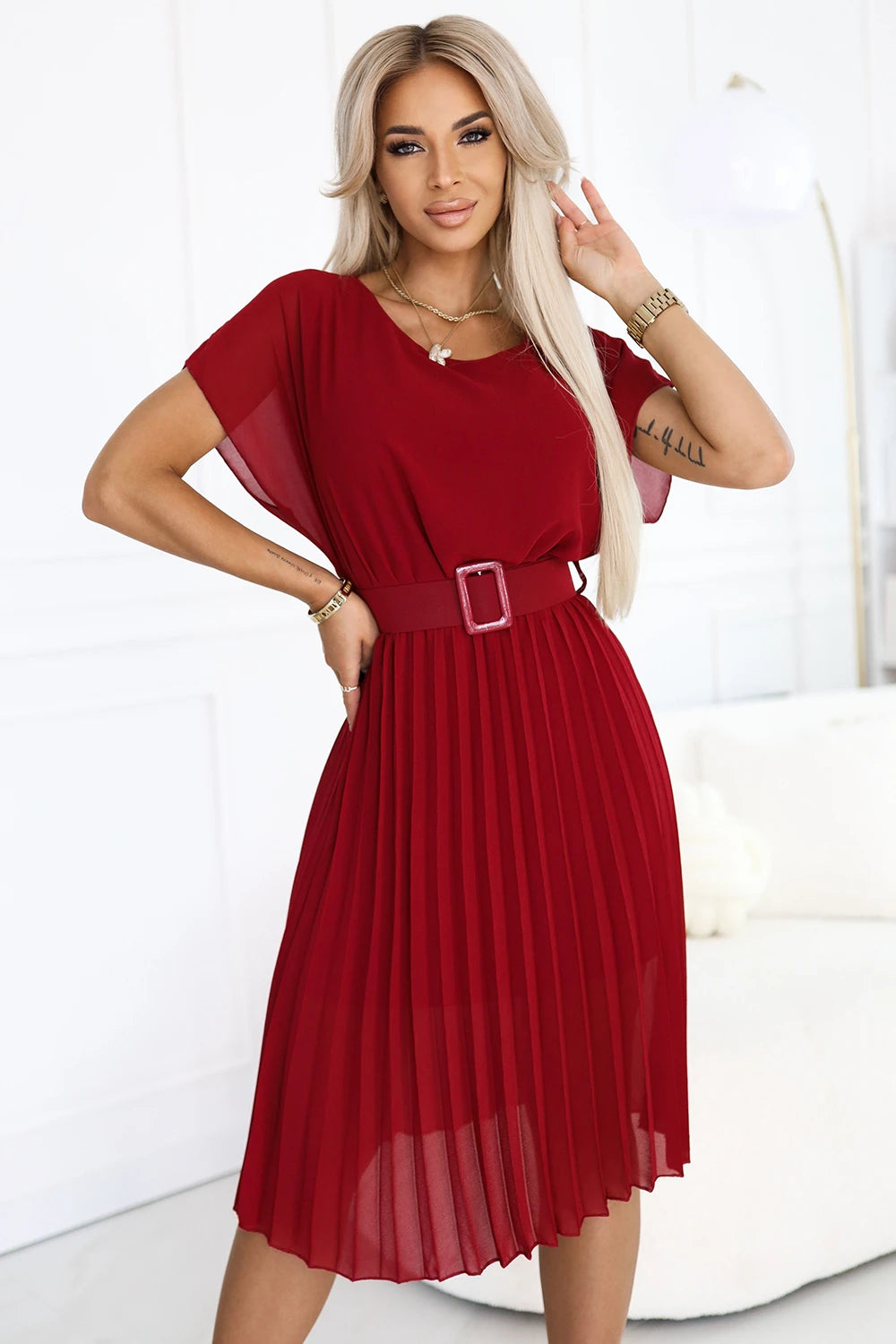 MIA Pleated Chiffon Midi Dress with Wide Belt – Burgundy