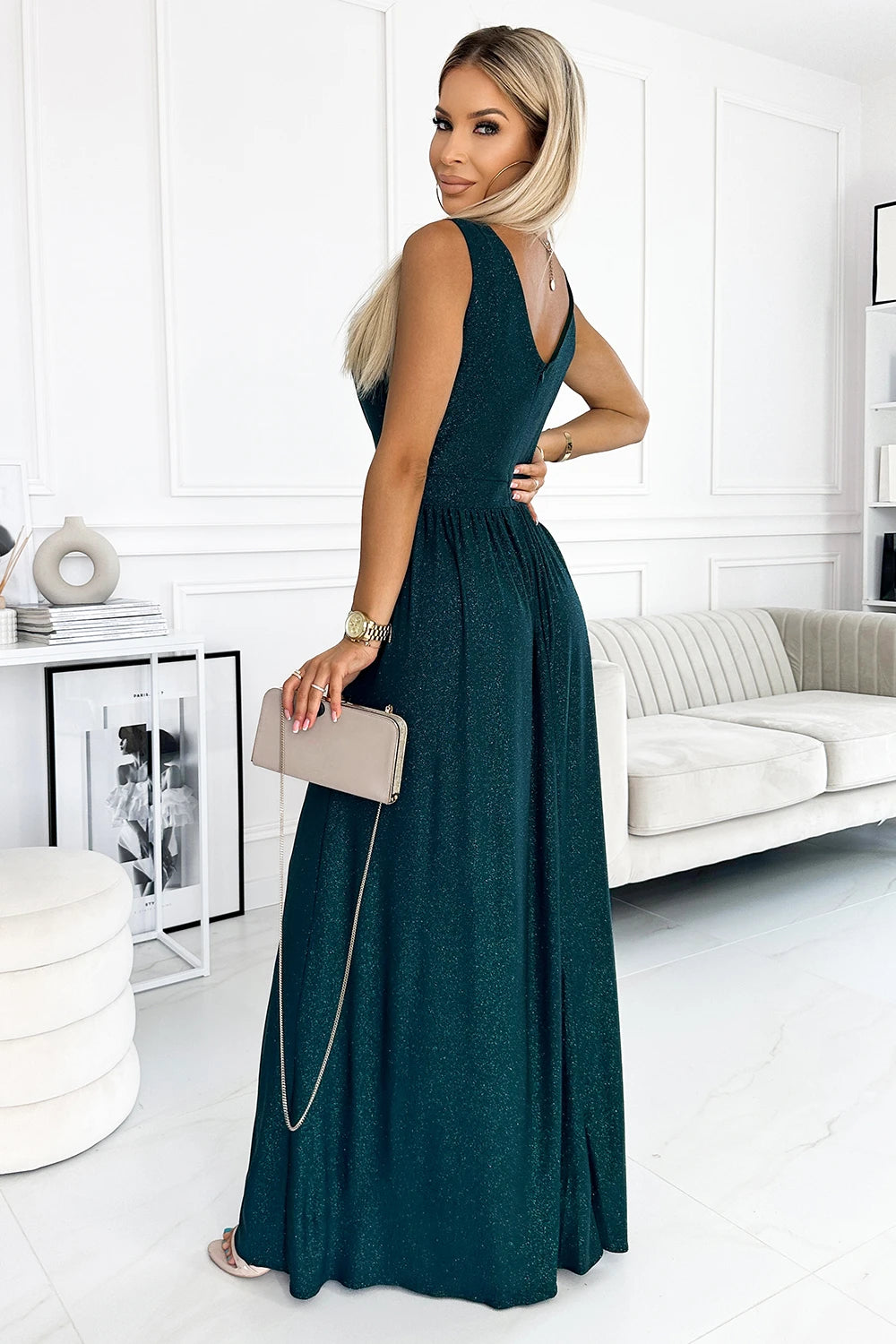 LOUISE brocade long dress with a neckline and a leg slit – Green
