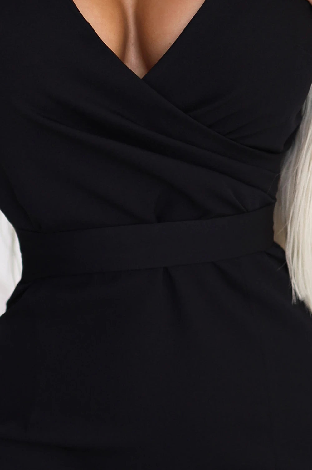 NINA elegant dress with envelope neckline, sleeve and belt – Black