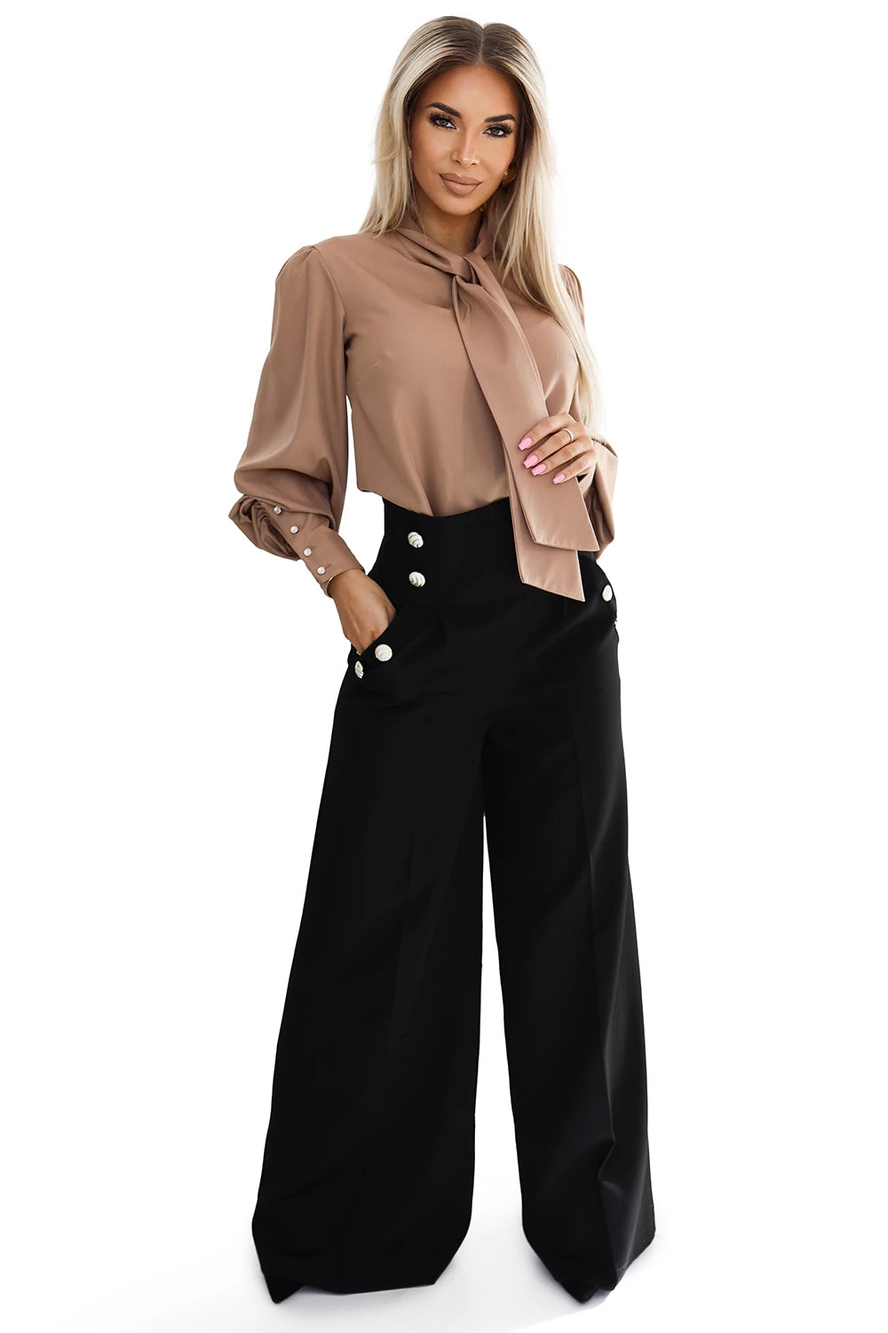 Elegant wide pants with high waist and golden buttons – Black