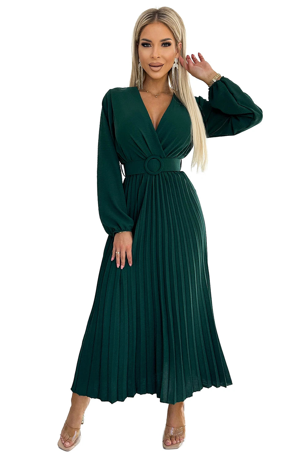 VIVIANA Pleated midi dress with a neckline, long sleeves and a wide belt – Green