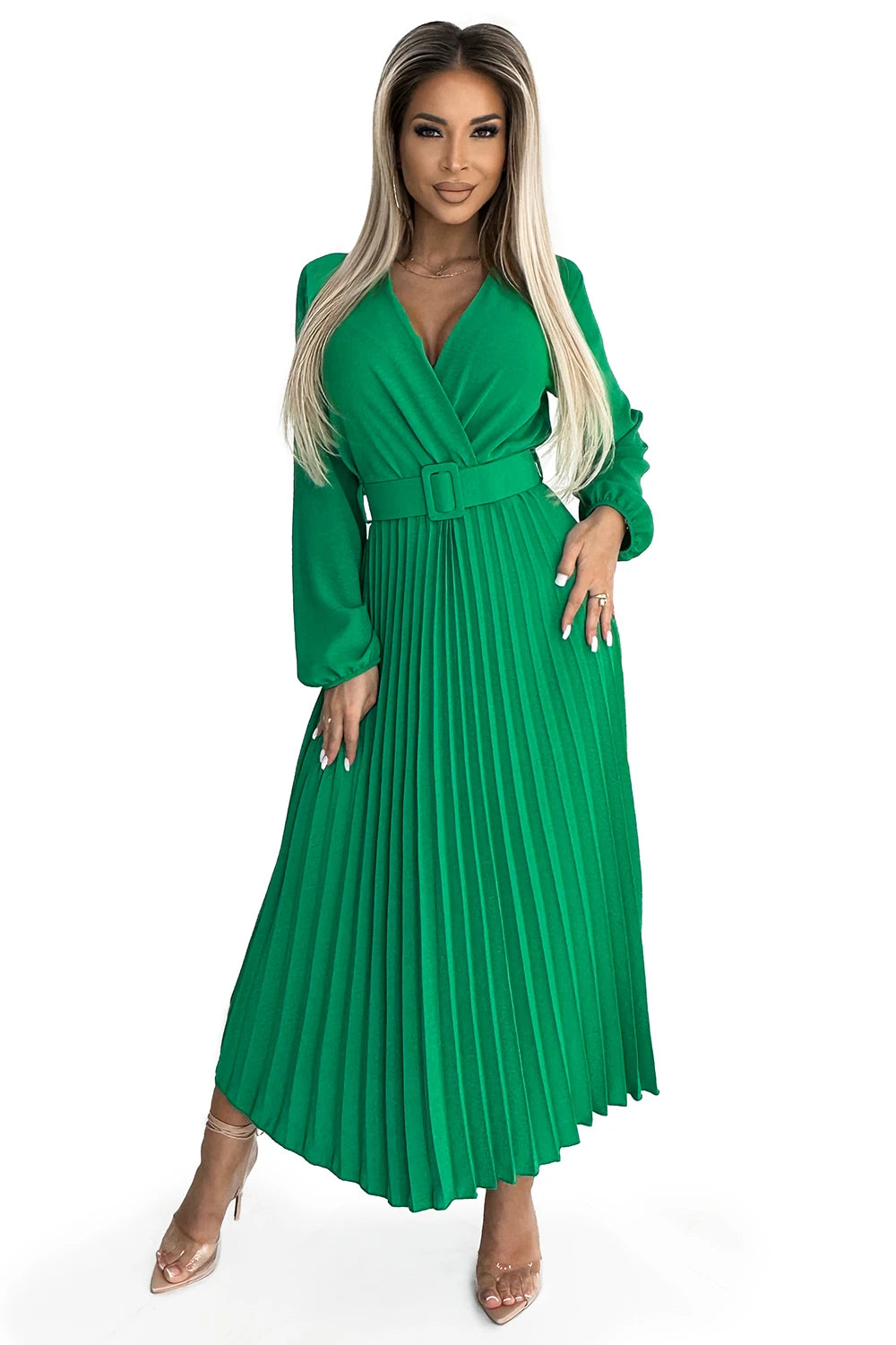 VIVIANA Pleated midi dress with a neckline, long sleeves and a wide belt – Light Green