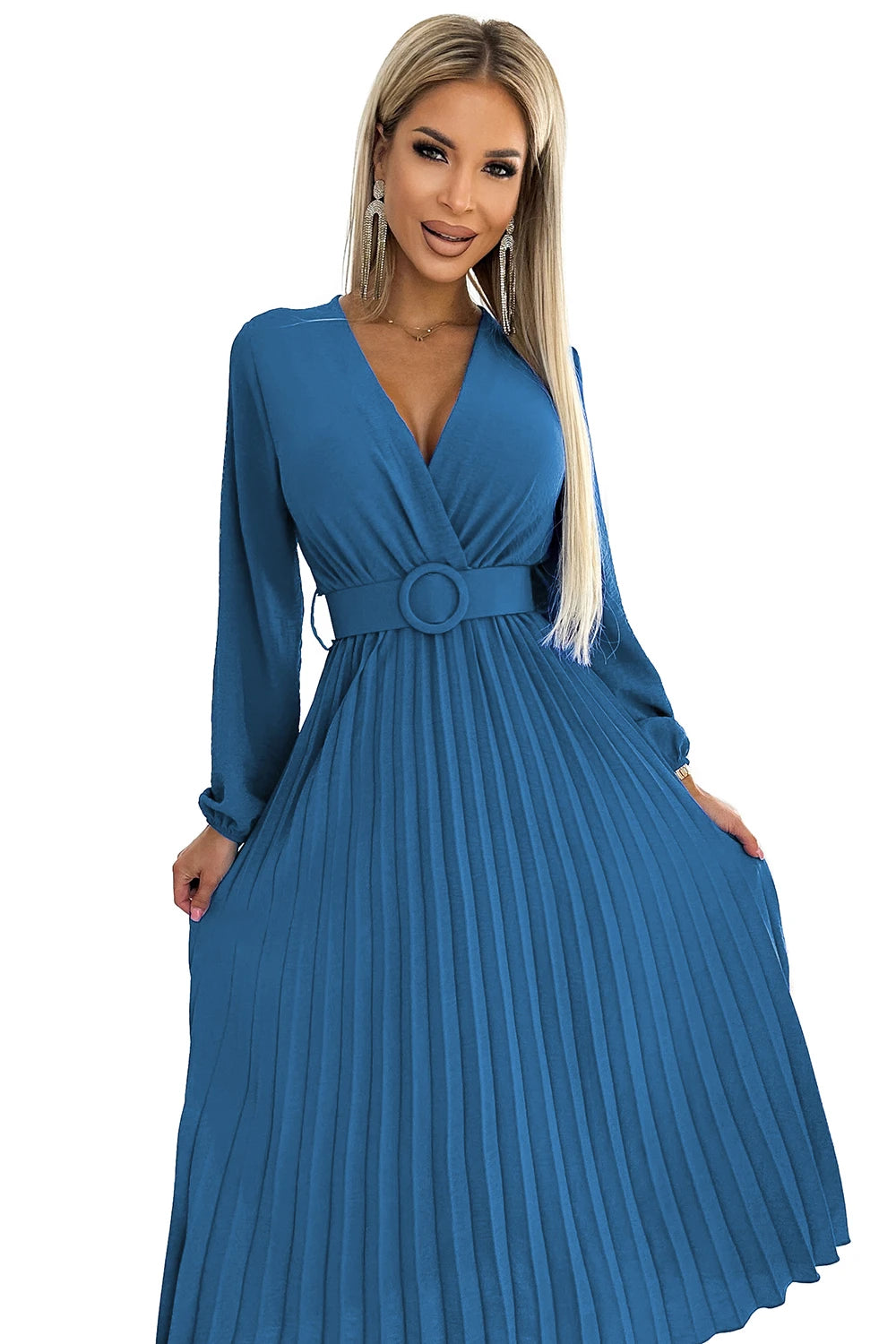 VIVIANA Pleated midi dress with a neckline, long sleeves and a wide belt – JEANS