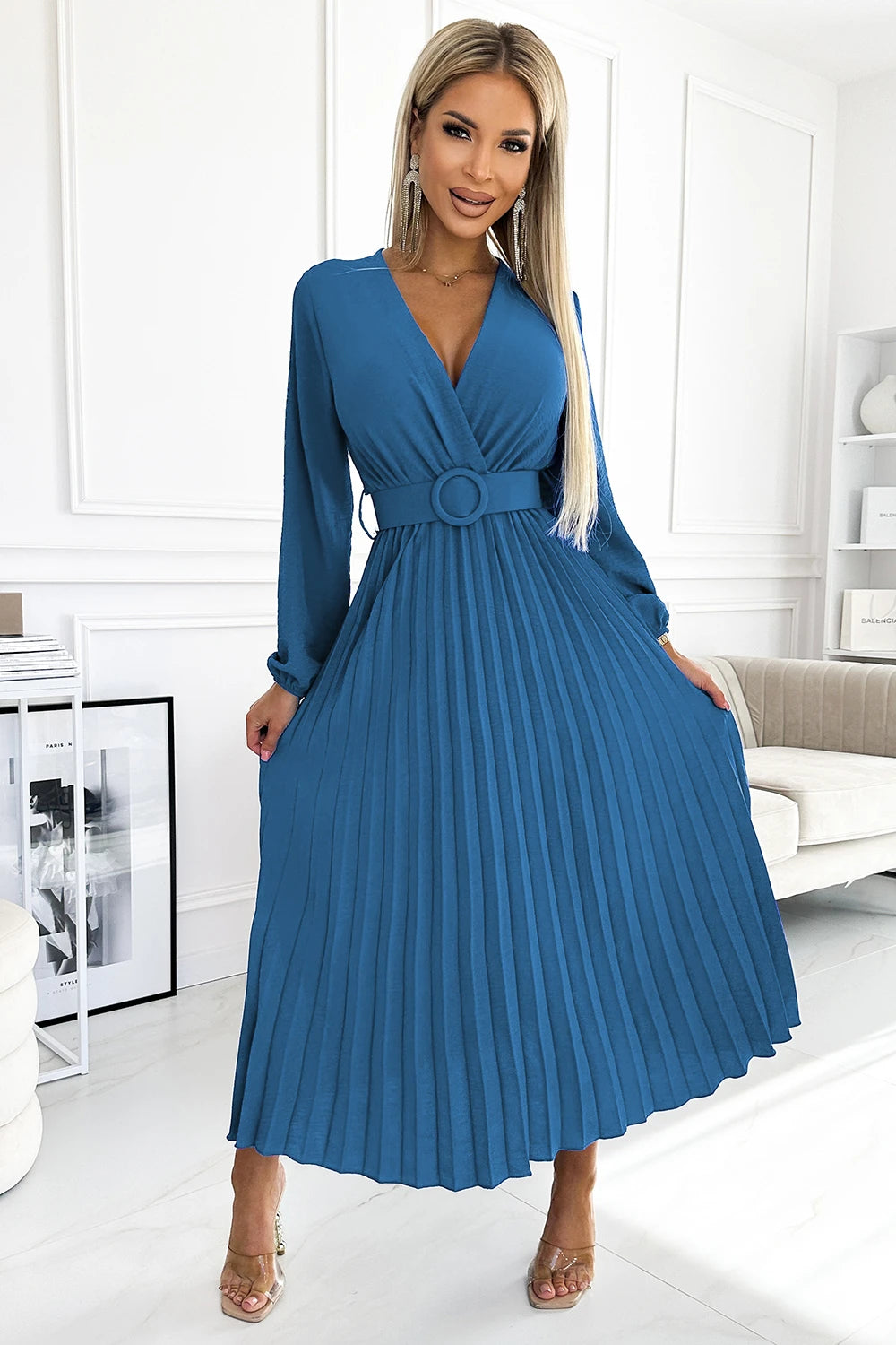 VIVIANA Pleated midi dress with a neckline, long sleeves and a wide belt – JEANS