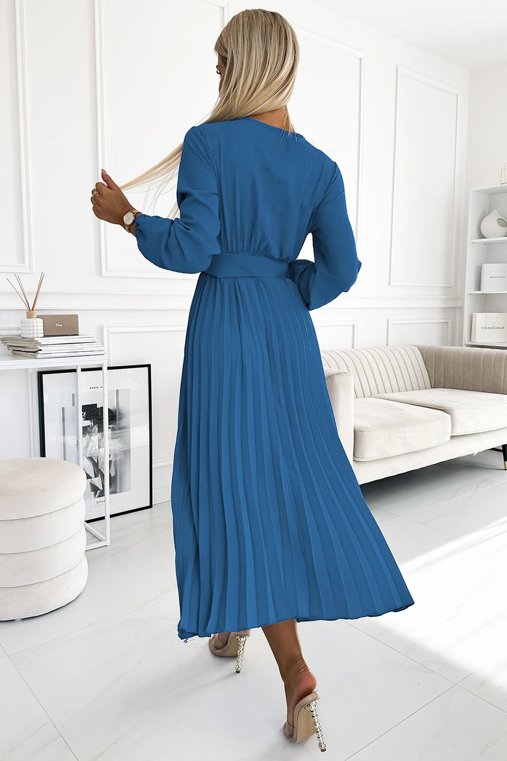 VIVIANA Pleated midi dress with a neckline, long sleeves and a wide belt – JEANS