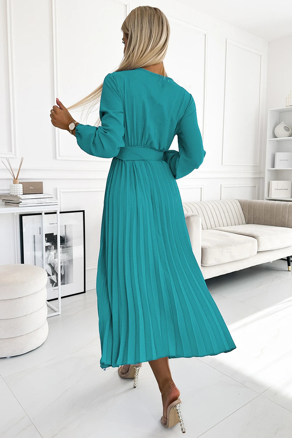 ANTRESOLA6P VIVIANA Pleated midi dress with a neckline, long sleeves and a wide belt – Sea color