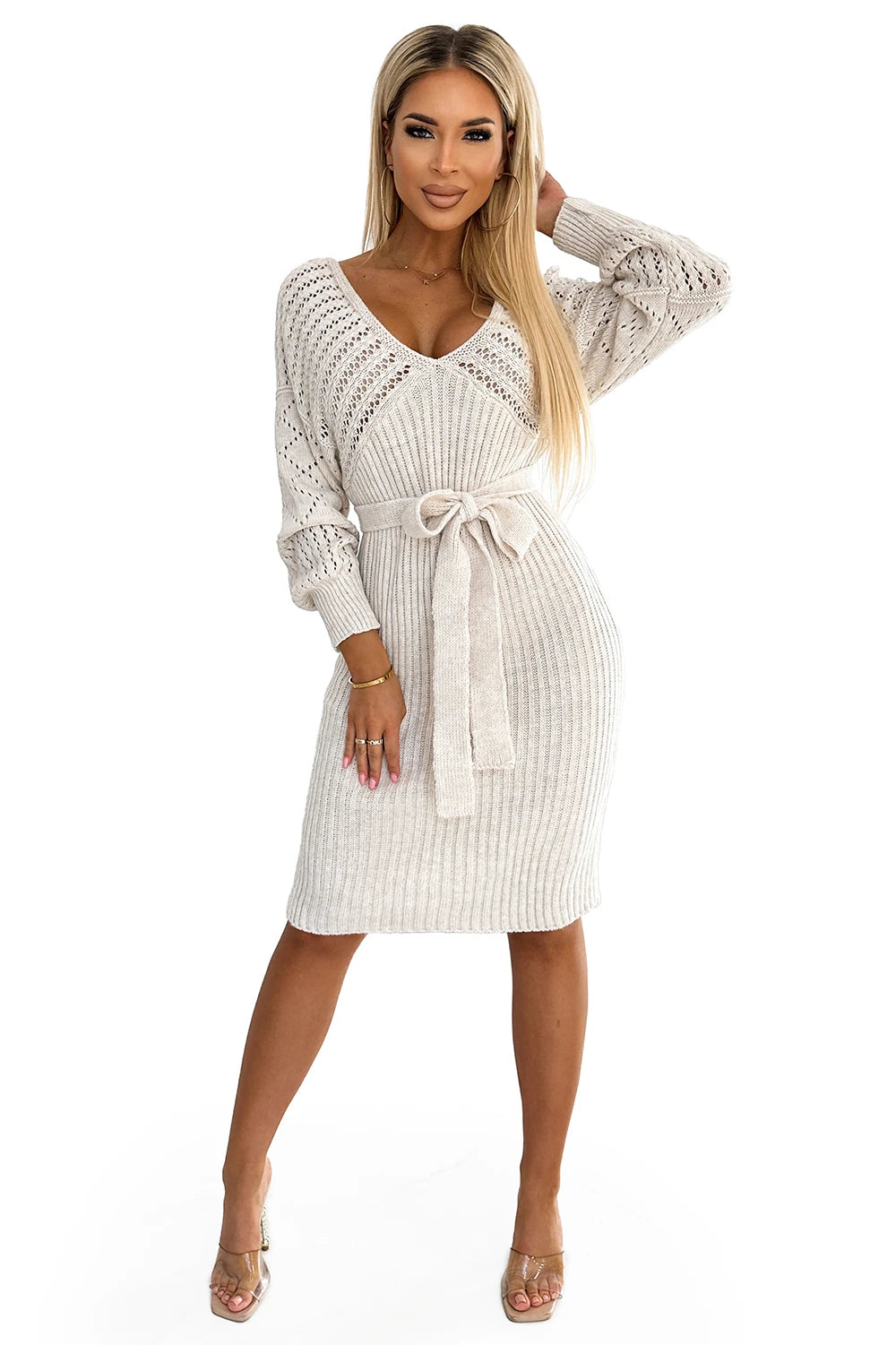 Openwork sweater dress with a neckline and ties – Beige