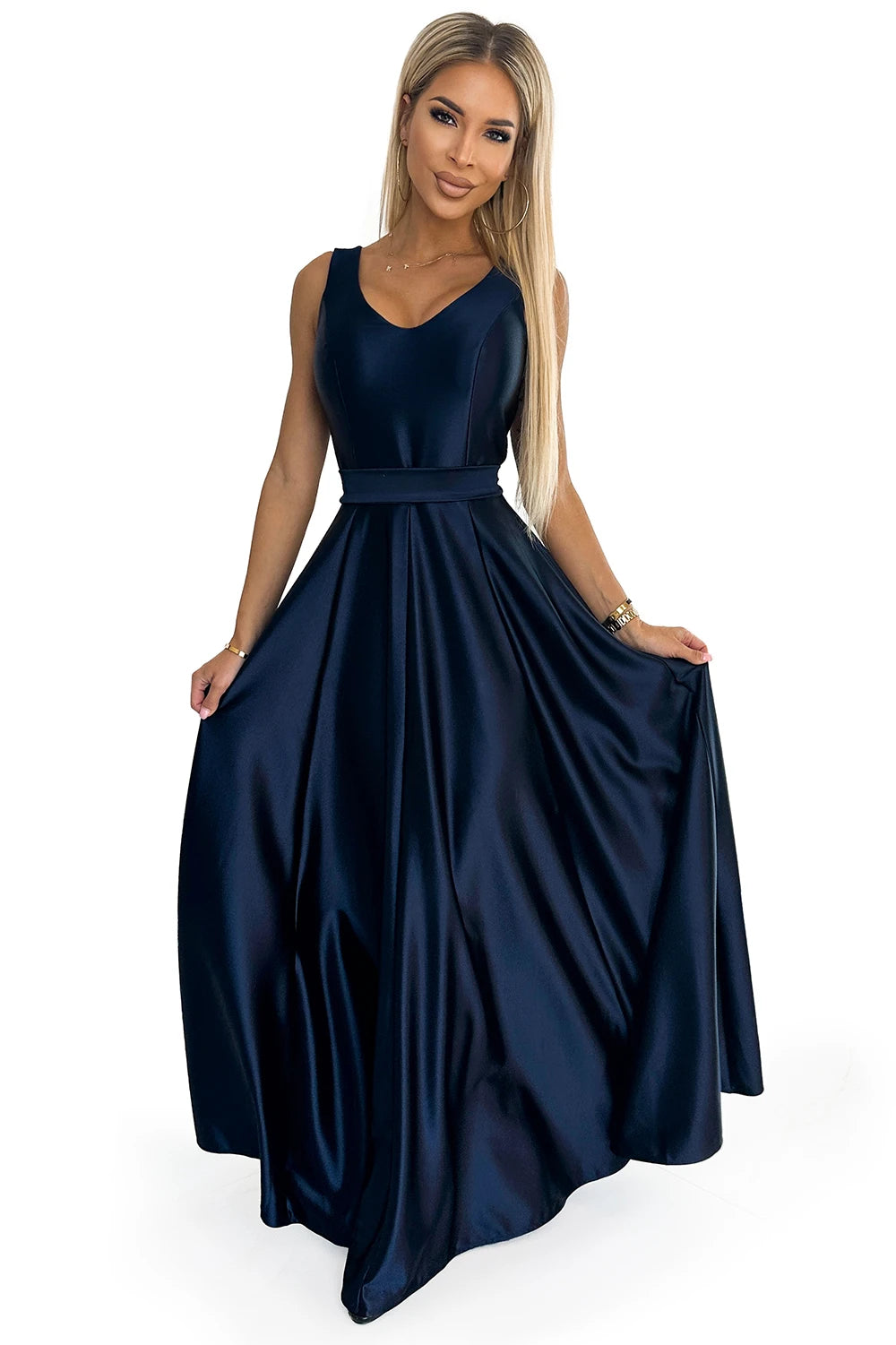 CINDY long satin dress with a neckline and bow – Navy Blue