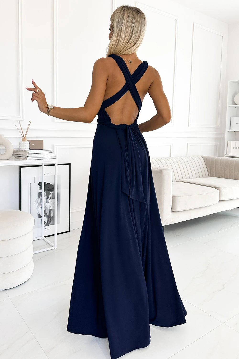 Elegant long dress tied in many ways – Navy Blue