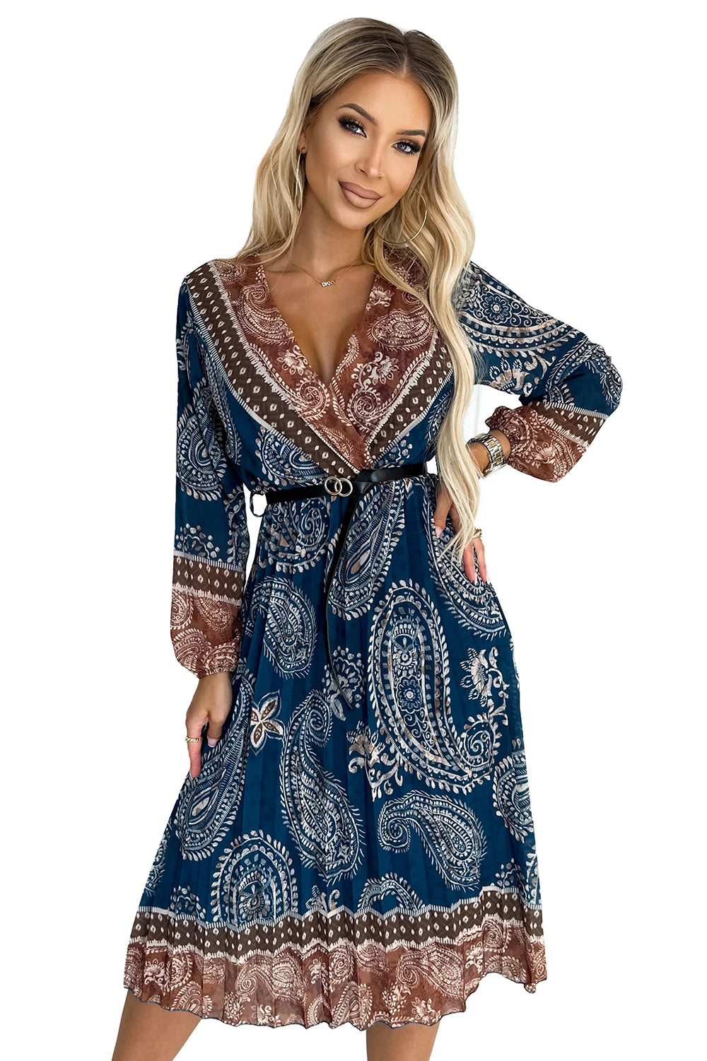 Pleated midi dress with a neckline, long sleeves and a black belt – Blue And Brown Pattern