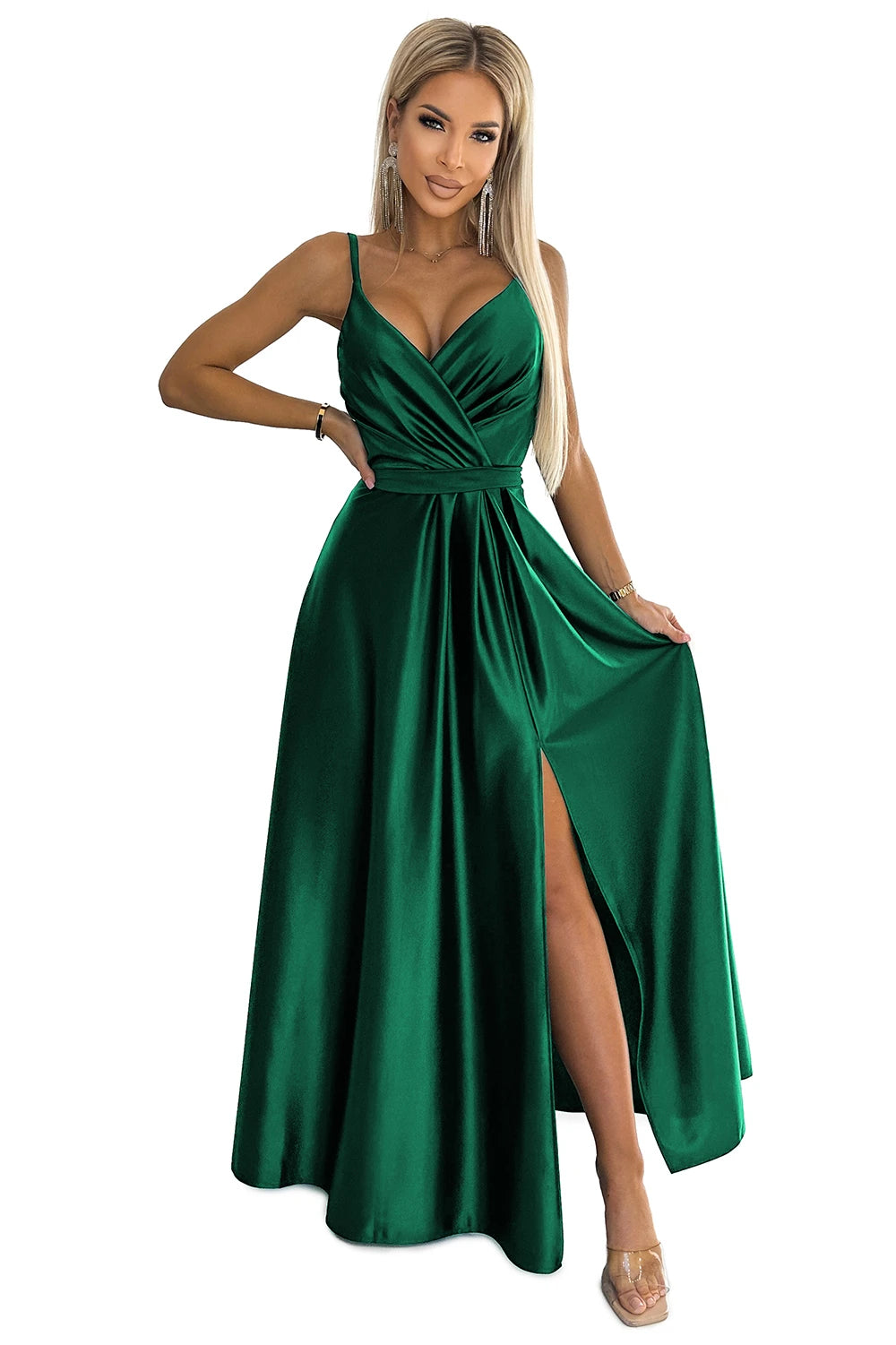 JULIET elegant long satin dress with a neckline – Green