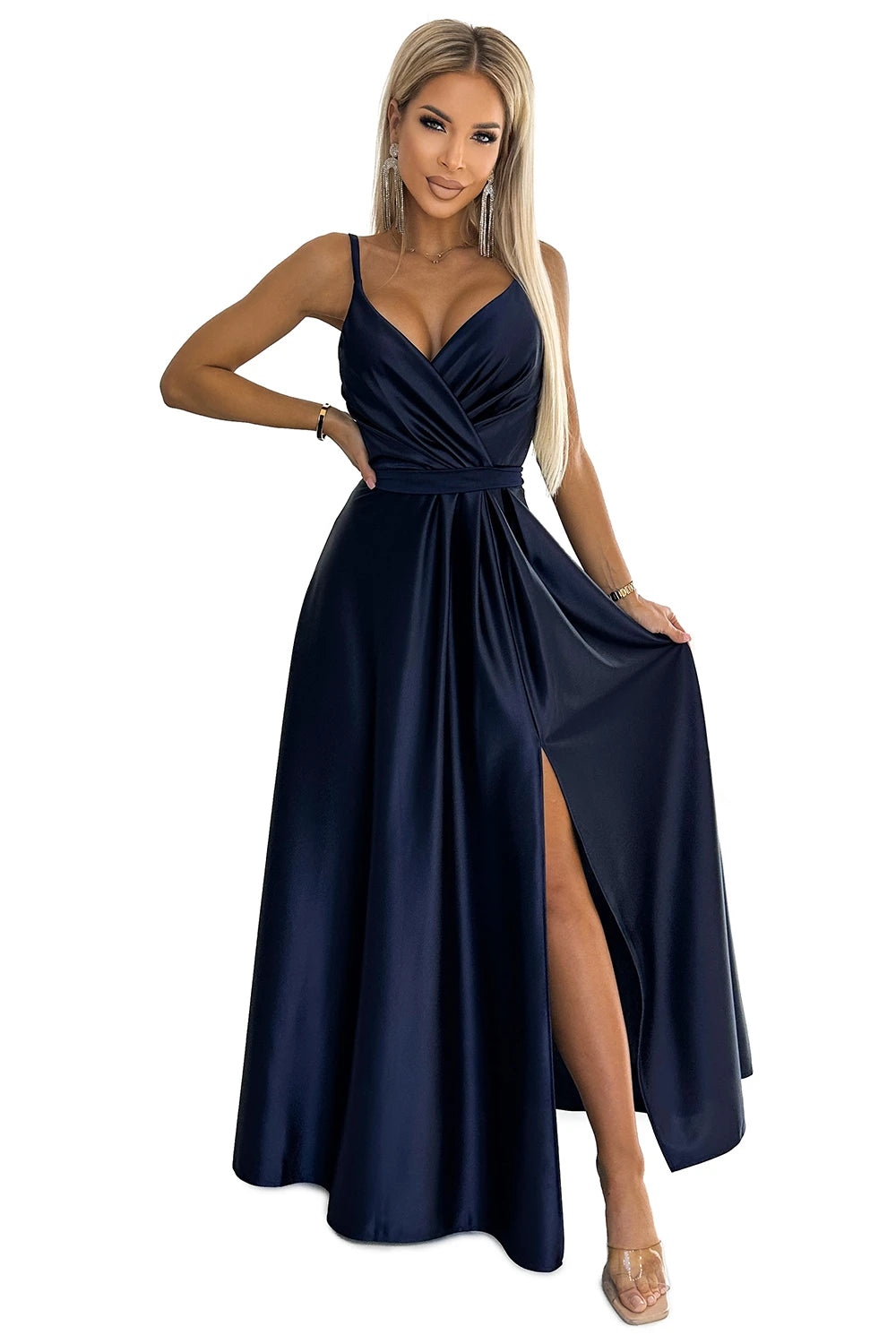 JULIET elegant long satin dress with a neckline – Navy Blue