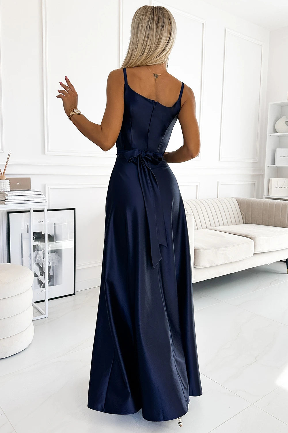 JULIET elegant long satin dress with a neckline – Navy Blue