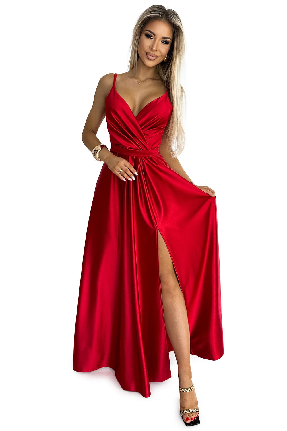 JULIET elegant long satin dress with a neckline and leg slit – Red