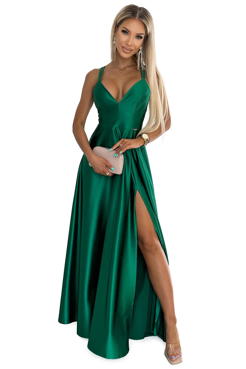 LUNA elegant long satin dress with a neckline and crossed straps – Green