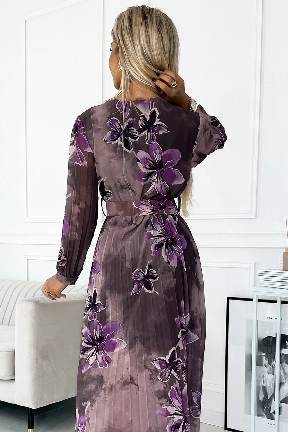 Pleated chiffon long dress with a neckline, long sleeves and a wide belt – Purple Large Flowers