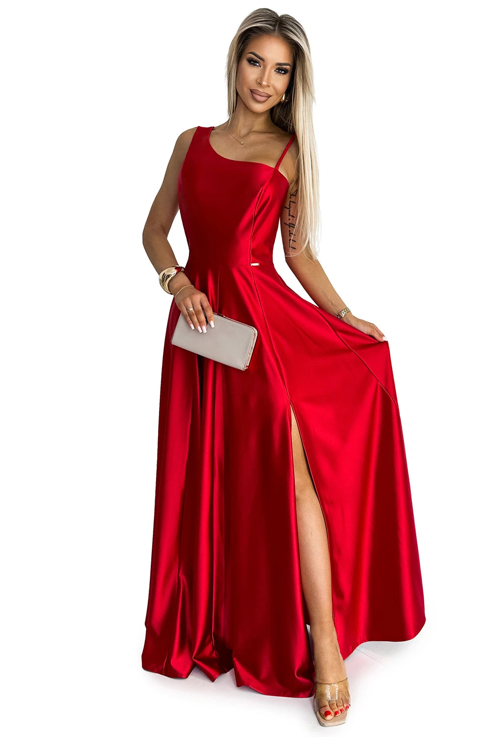 Long elegant satin one-shoulder dress – Red