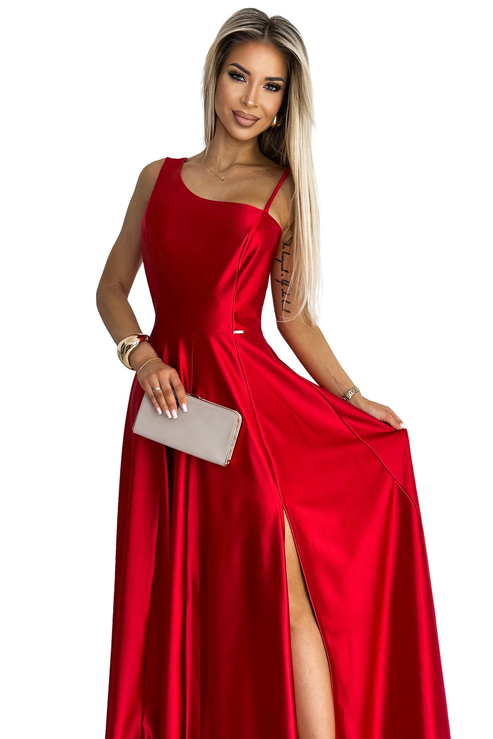 Long elegant satin one-shoulder dress – Red