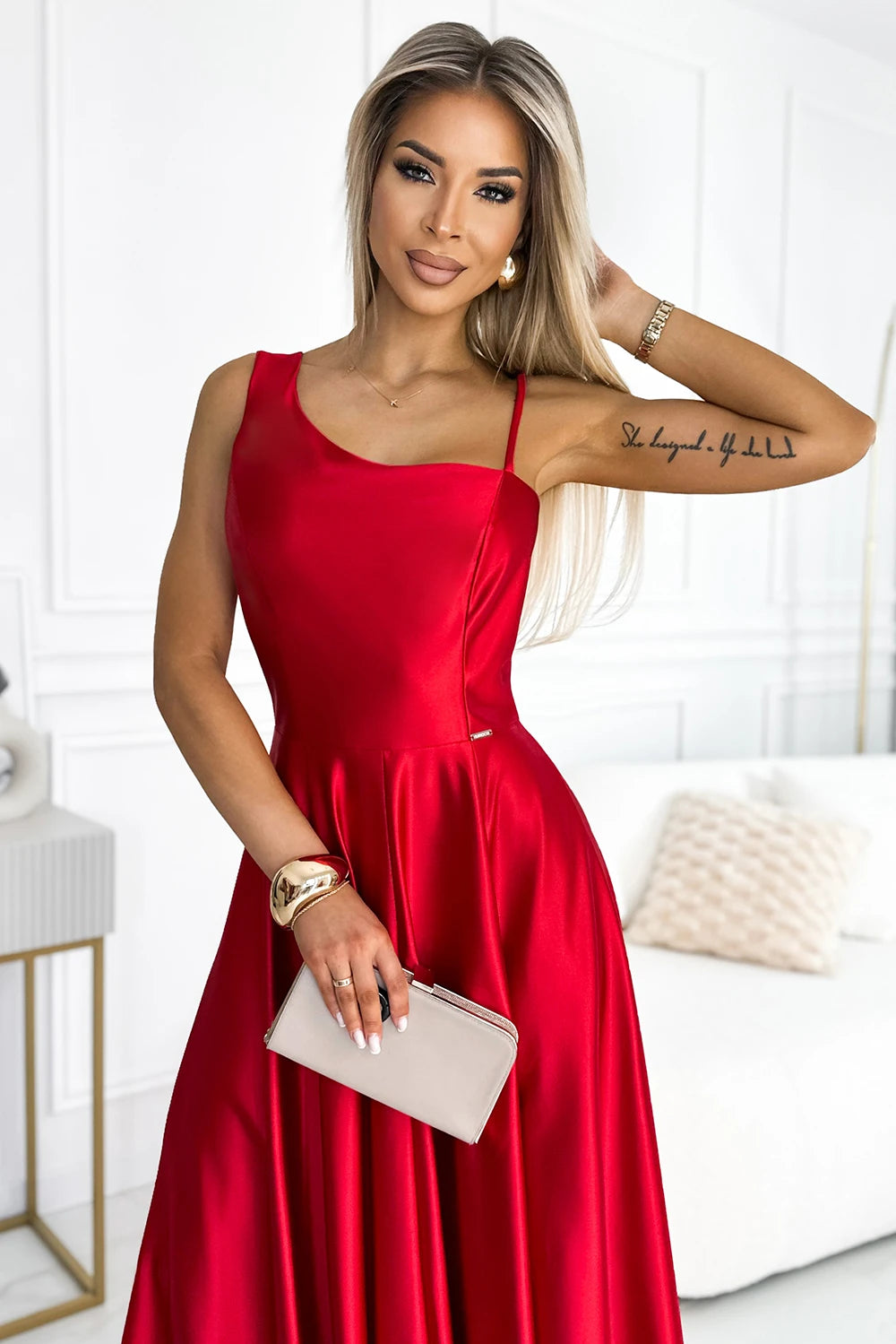 Long elegant satin one-shoulder dress – Red