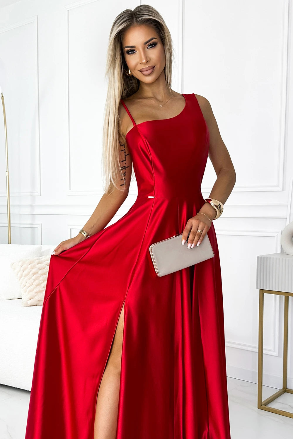 Long elegant satin one-shoulder dress – Red