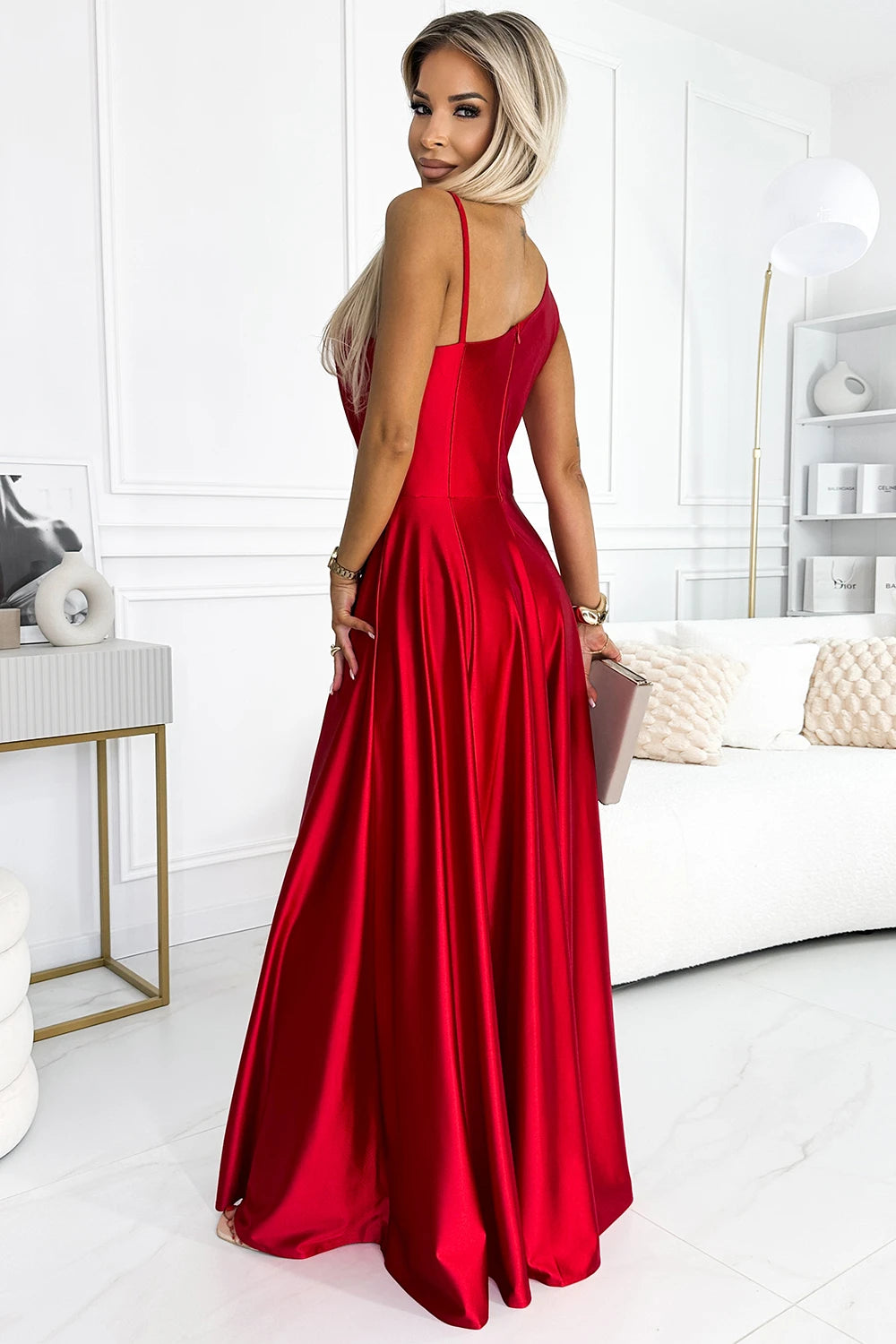 Long elegant satin one-shoulder dress – Red