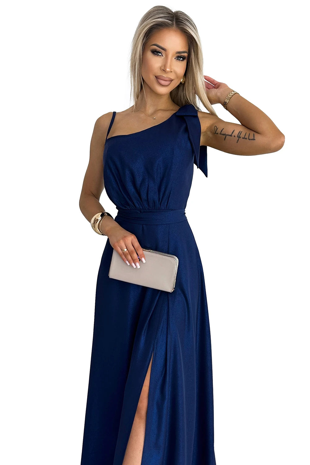 Long shiny one-shoulder dress with a bow – Navy Blue