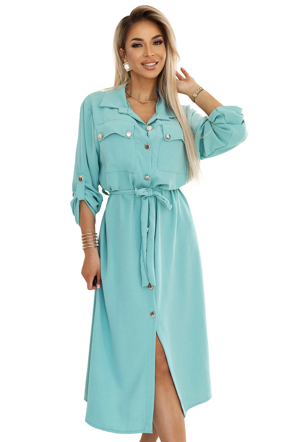 Midi shirt dress with gold buttons and ties – Mint