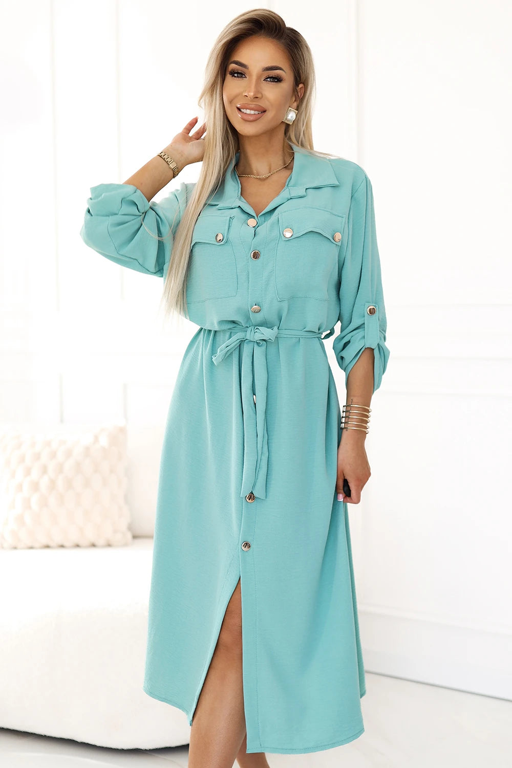 Midi shirt dress with gold buttons and ties – Mint