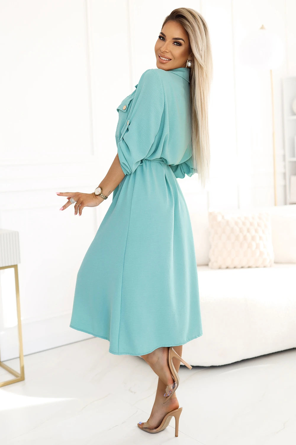 Midi shirt dress with gold buttons and ties – Mint