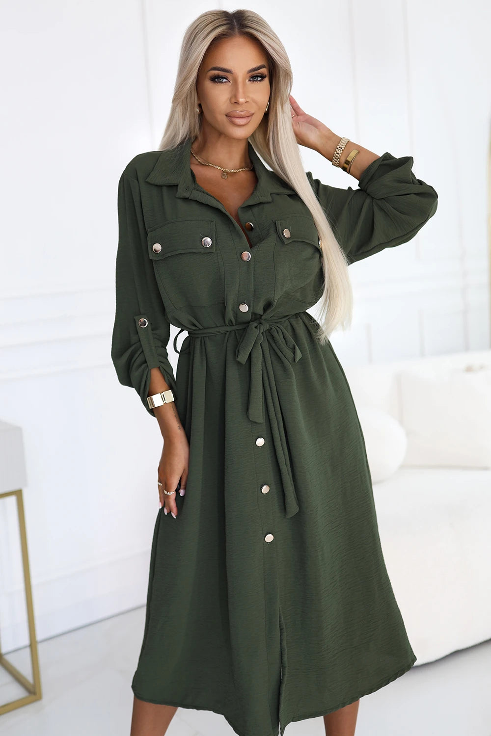 Midi Shirt Dress with Gold Buttons and Tie – KHAKI