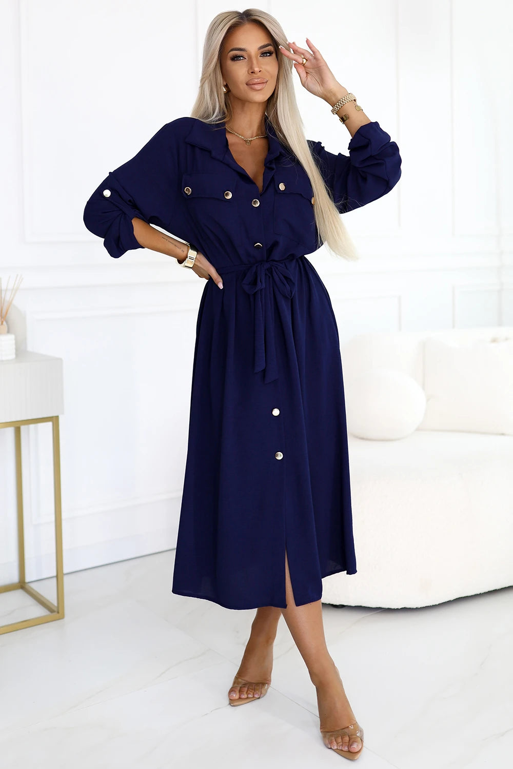Midi Shirt Dress with Gold Buttons and Tie – Navy Blue