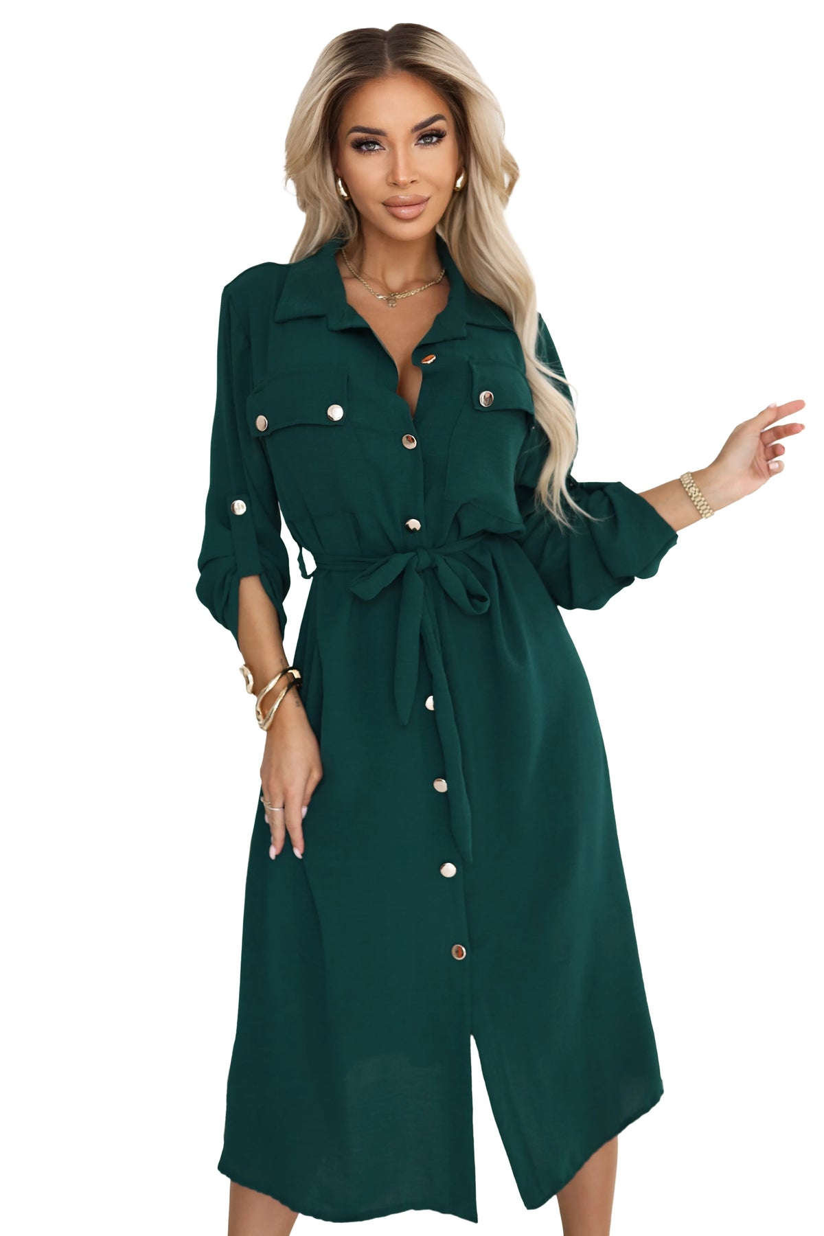 Midi shirt dress with gold buttons and tie detail – Green