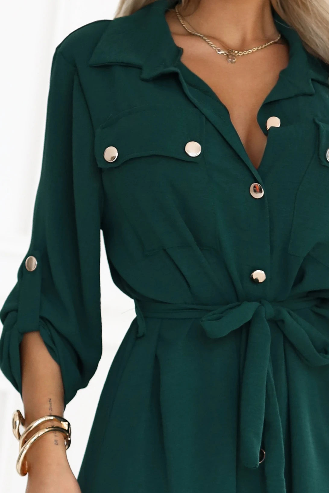 Midi shirt dress with gold buttons and tie detail – Green
