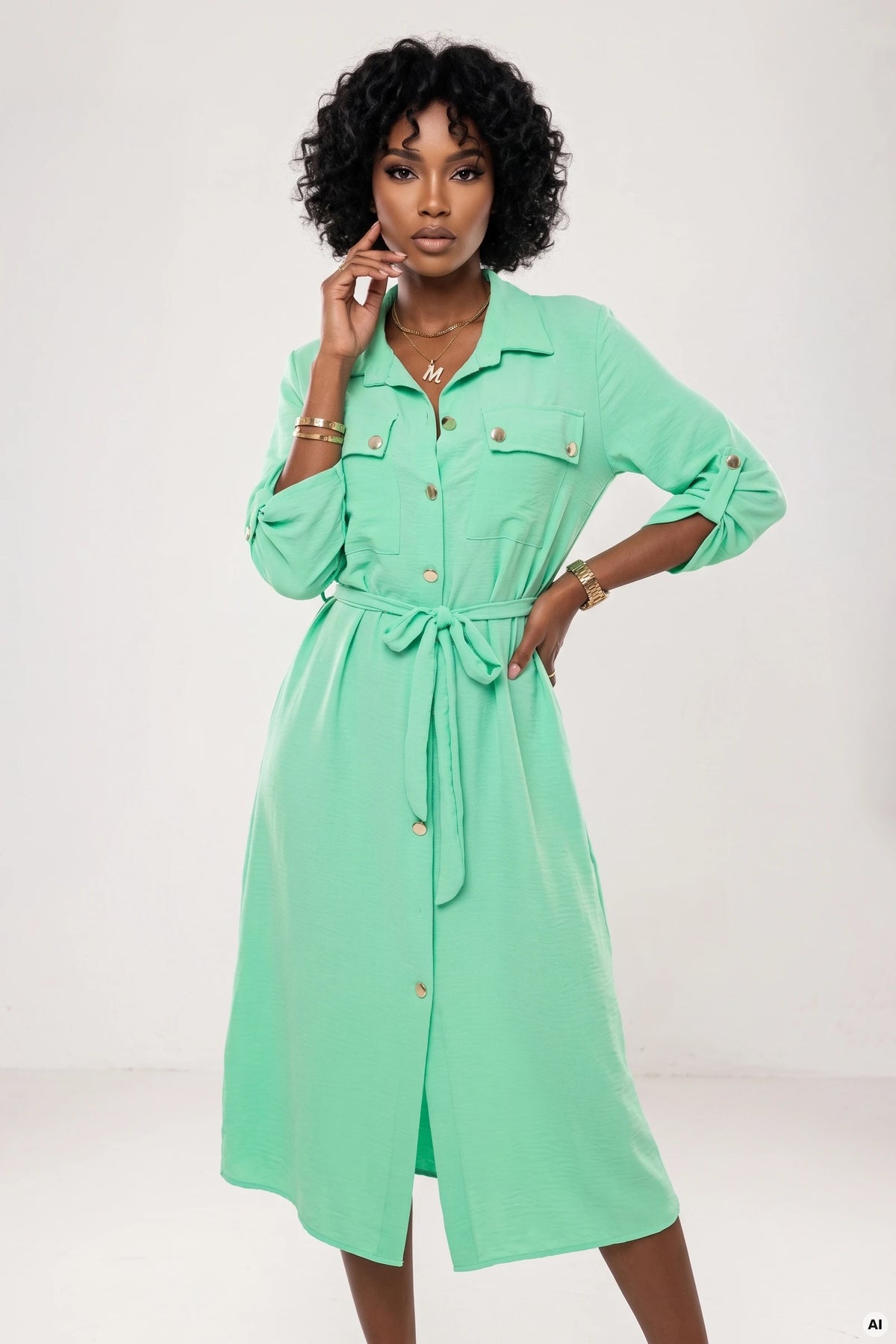 Midi shirt dress with gold buttons and a tie – Neon Mint