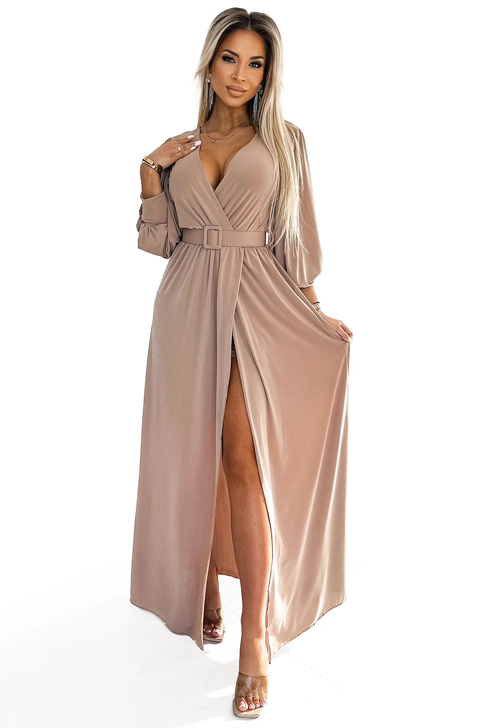 FIORELLA Long dress with a wide belt and neckline – Beige